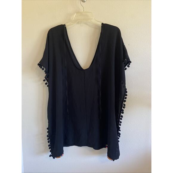 Xhilaration Black Colorful Tropical Palm Floral Pom Fringe Swim Coverup Womens S - Picture 2 of 6